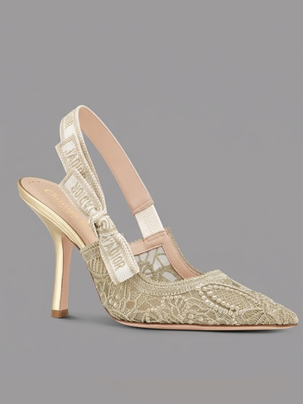 J'Adior Slingback Gold Mesh& Embroidered Macramé-Effect D-Lace Butterfly Motif